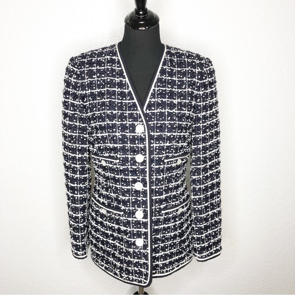 Escada black metallic white wool blend tweed plaid button blazer size 36 or US 6